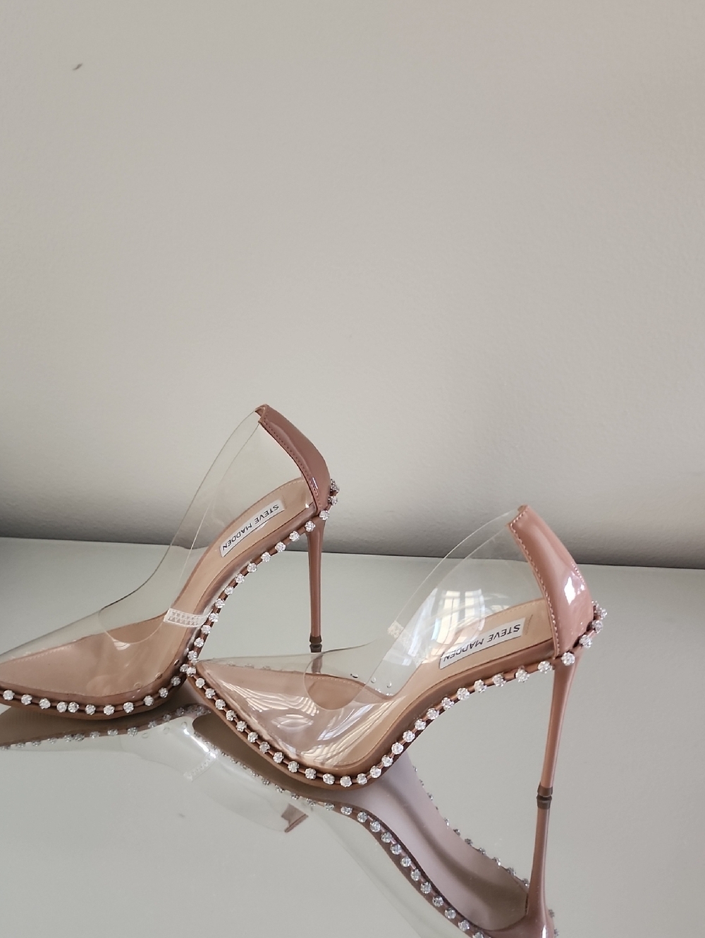 ♡♥︎♡ Steve Madden Classic Nude Clear PVC Crystal-Trim Stiletto Heels Size 8.5